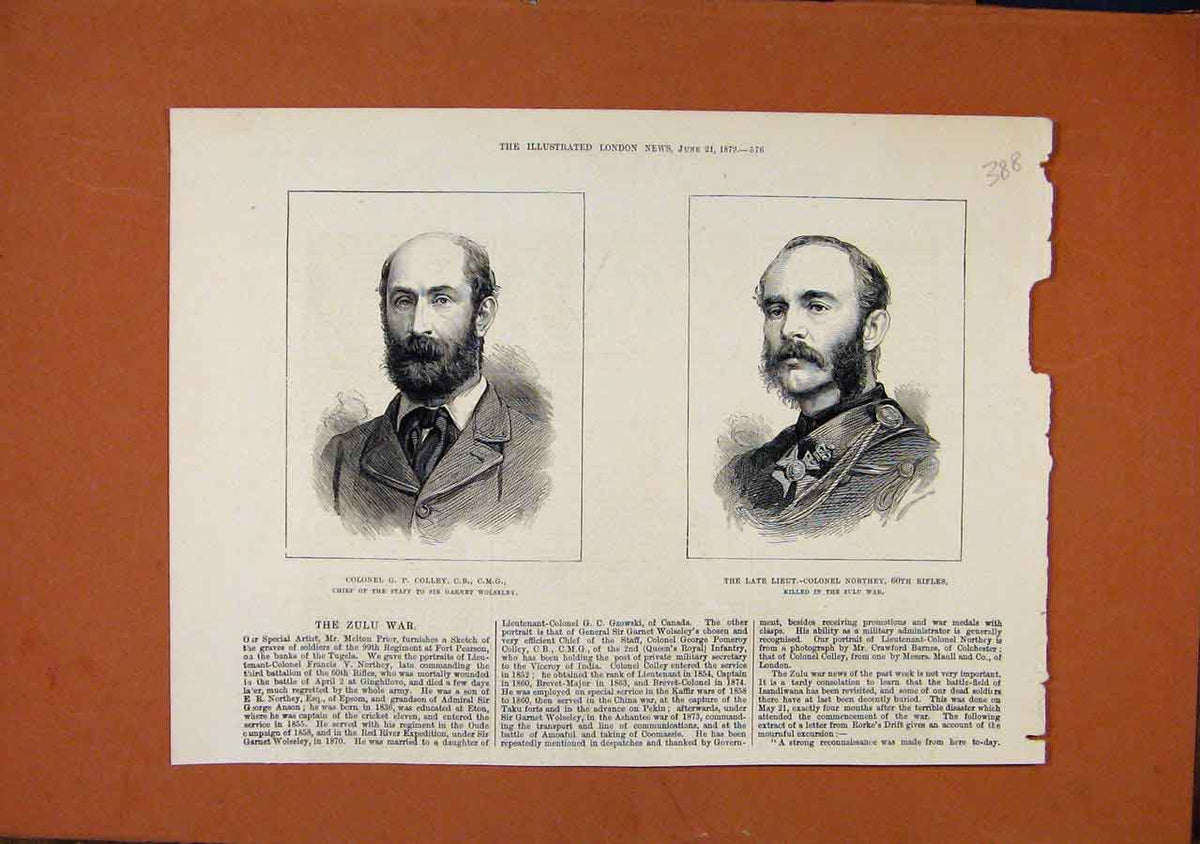 Original Old Antique Print C1879 Zulu War Colley Late Northey London News 19th