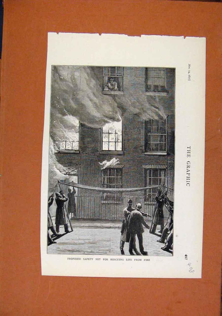 Original Old Antique Print Propsed Safety Net For Rescuing Life From Fire C1877