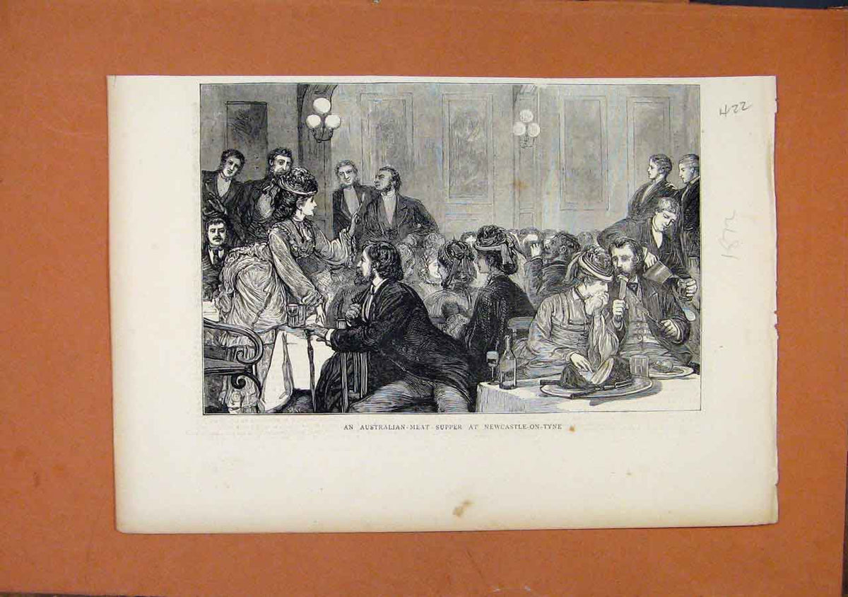 Original Old Antique Print Australian Meat Supper Newcastle C1872 19th