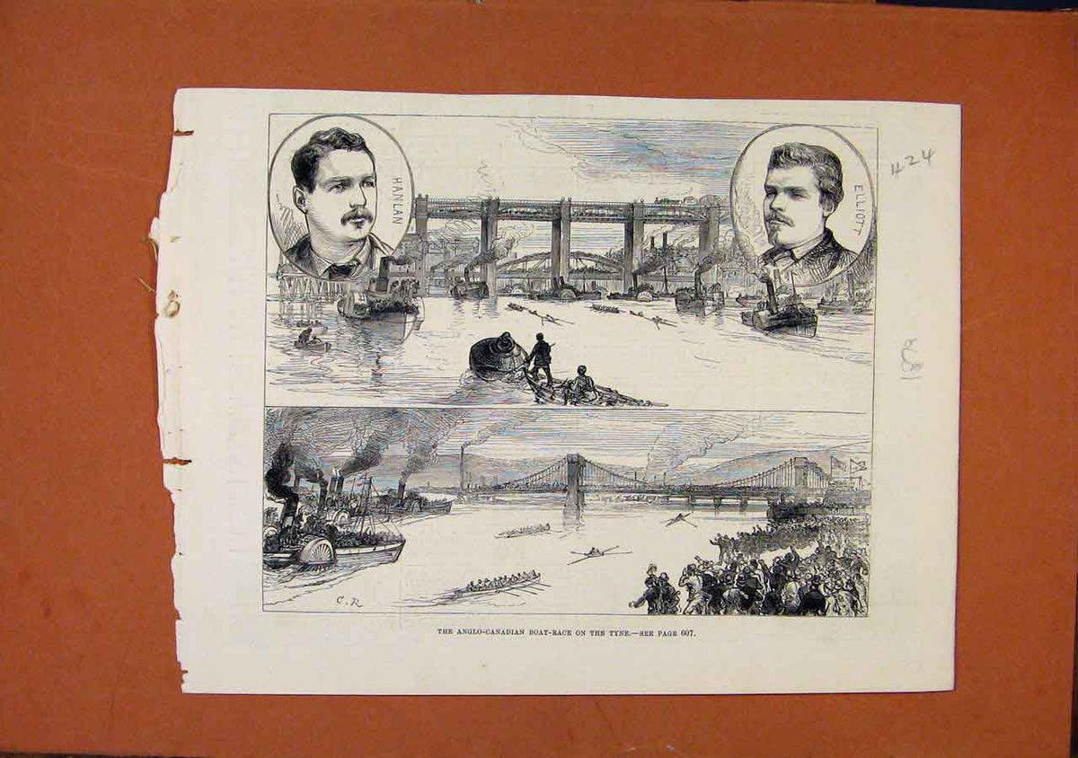 Original Old Antique Print Anglo Canadian Boat Race Tyne C1879 19th