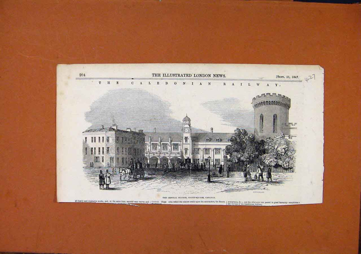 Original Old Antique Print Central Station Court Square Carisle C1847 Victorian