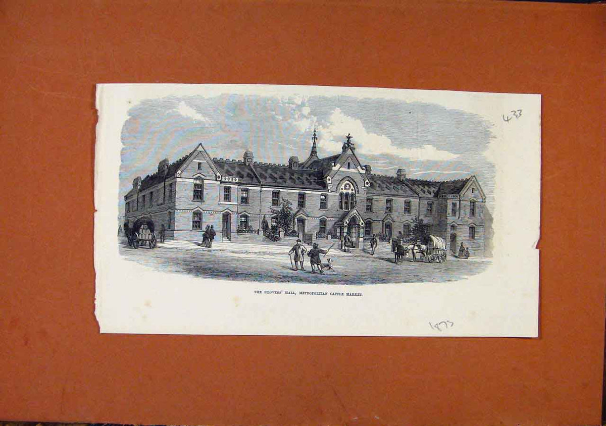 Original Old Antique Print Drovers Hall Metroplotian Cattle Market C1873 19th