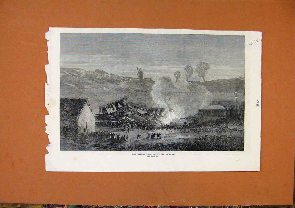 Original Old Antique Print Railway Accident Near Newark C1870 19th
