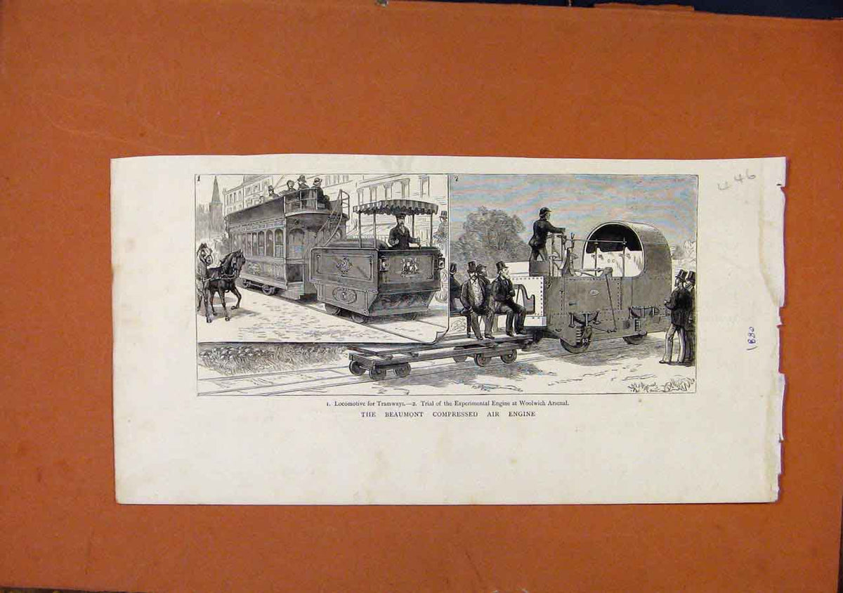 Original Old Antique Print Beaumont Compressed Air Engine C1880 19th