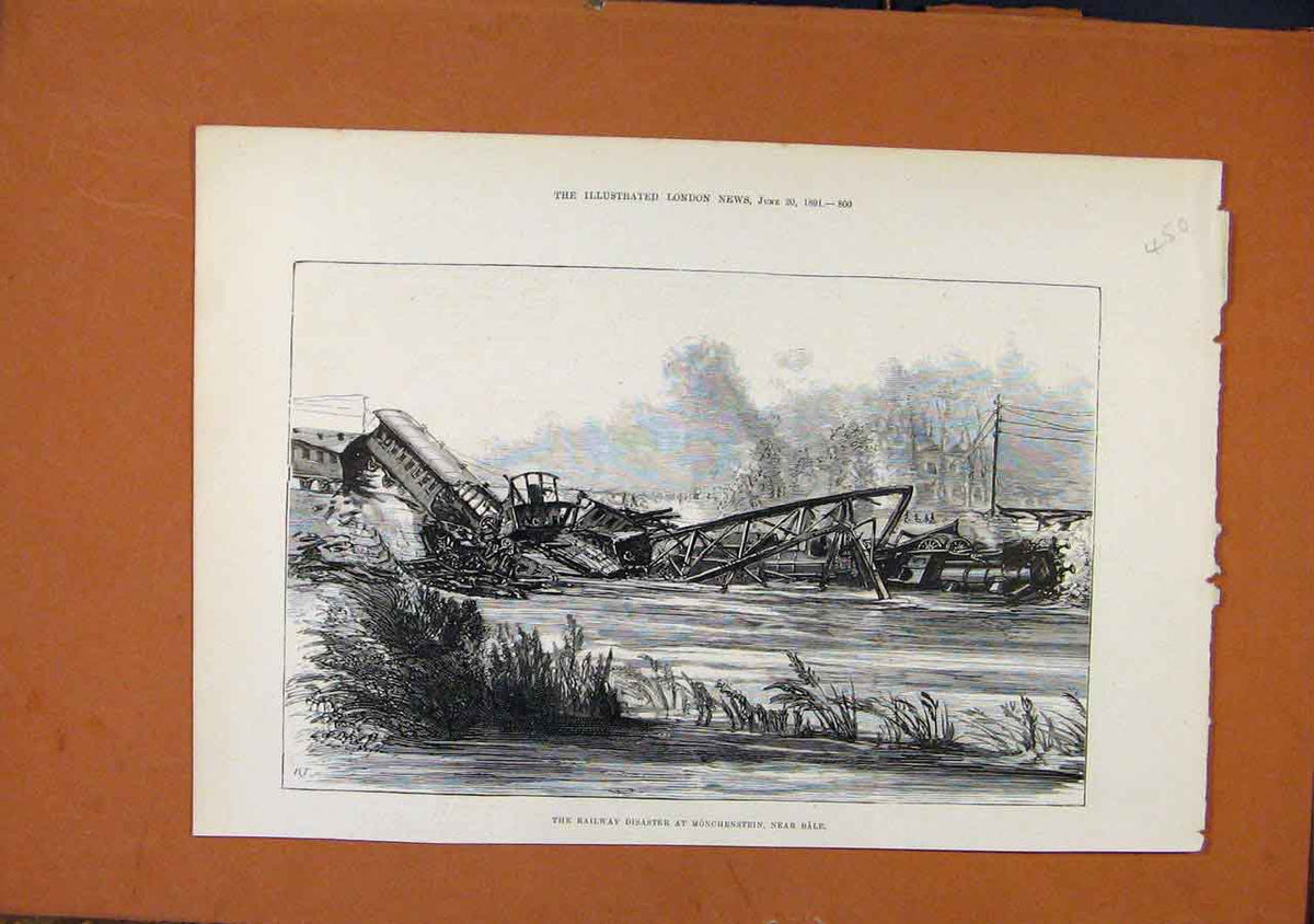 Original Old Antique Print C1891 Railway Disaster Monchenstein Bale Victorian