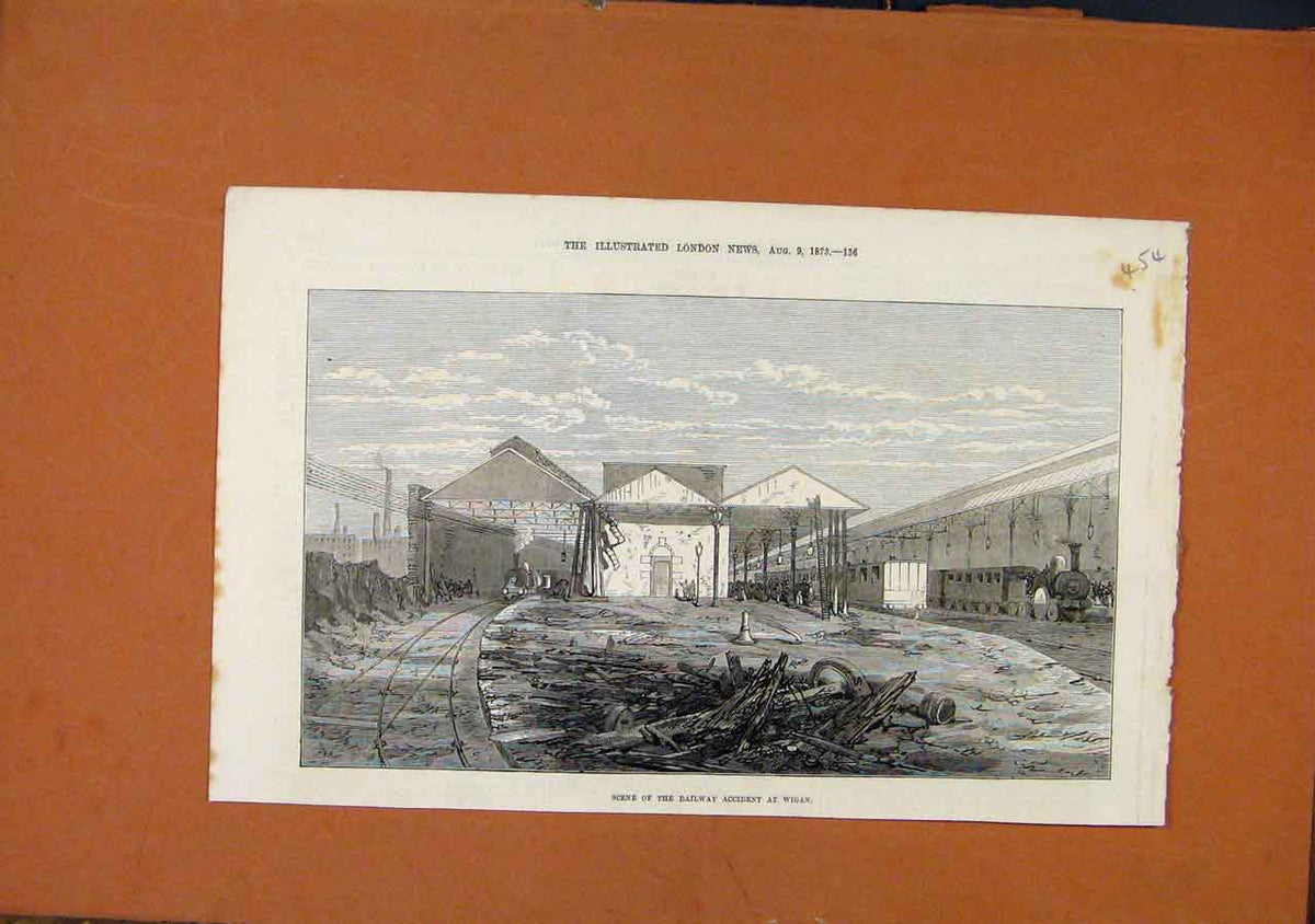 Original Old Antique Print Scene Railway Accident Wigan C1878 19th