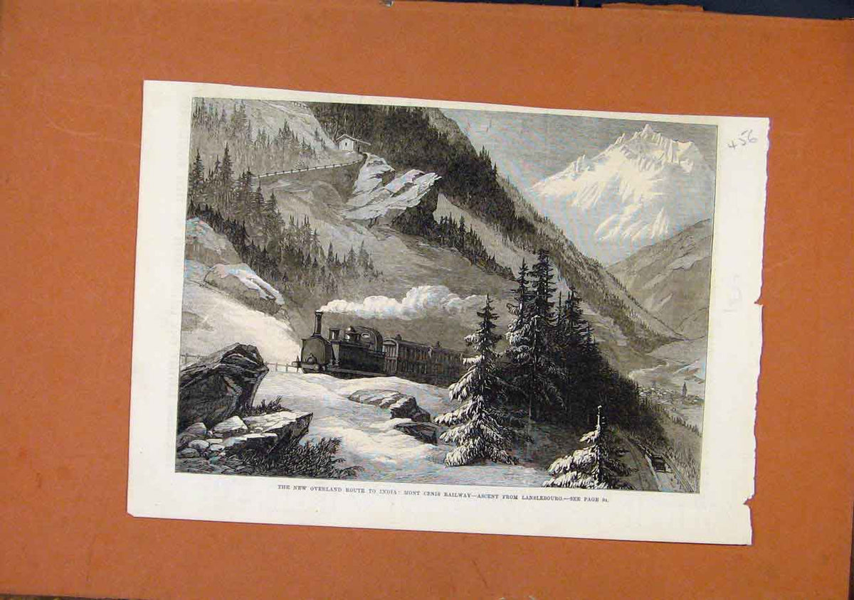 Original Old Antique Print New Overland Route India Mont Cenis Railway C1869
