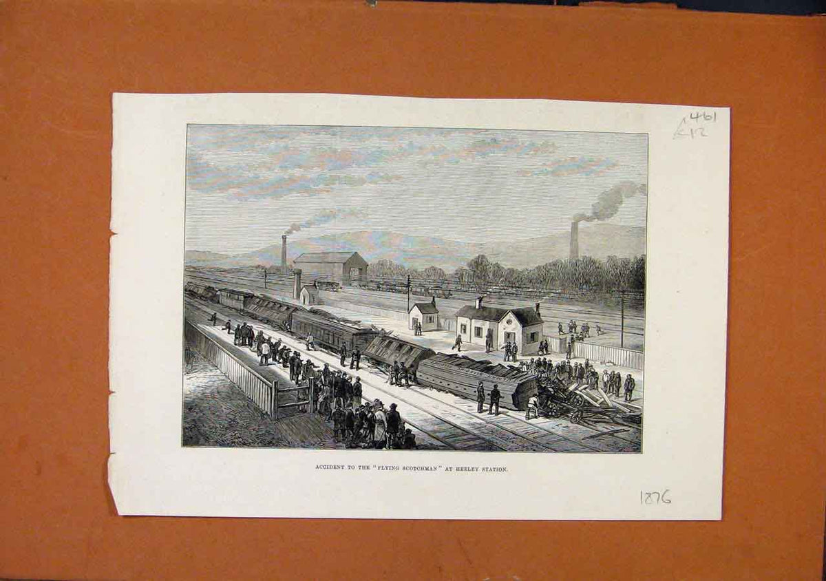 Original Old Antique Print C1876 Accident Flying Scotchman Heeley Station 19th