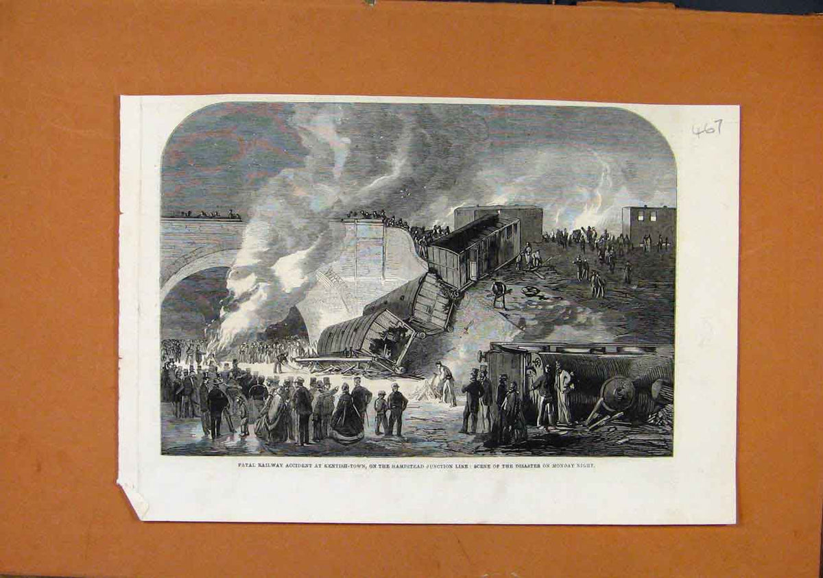 Original Old Antique Print Fatal Railway Accident Kentish Town C1861 Victorian