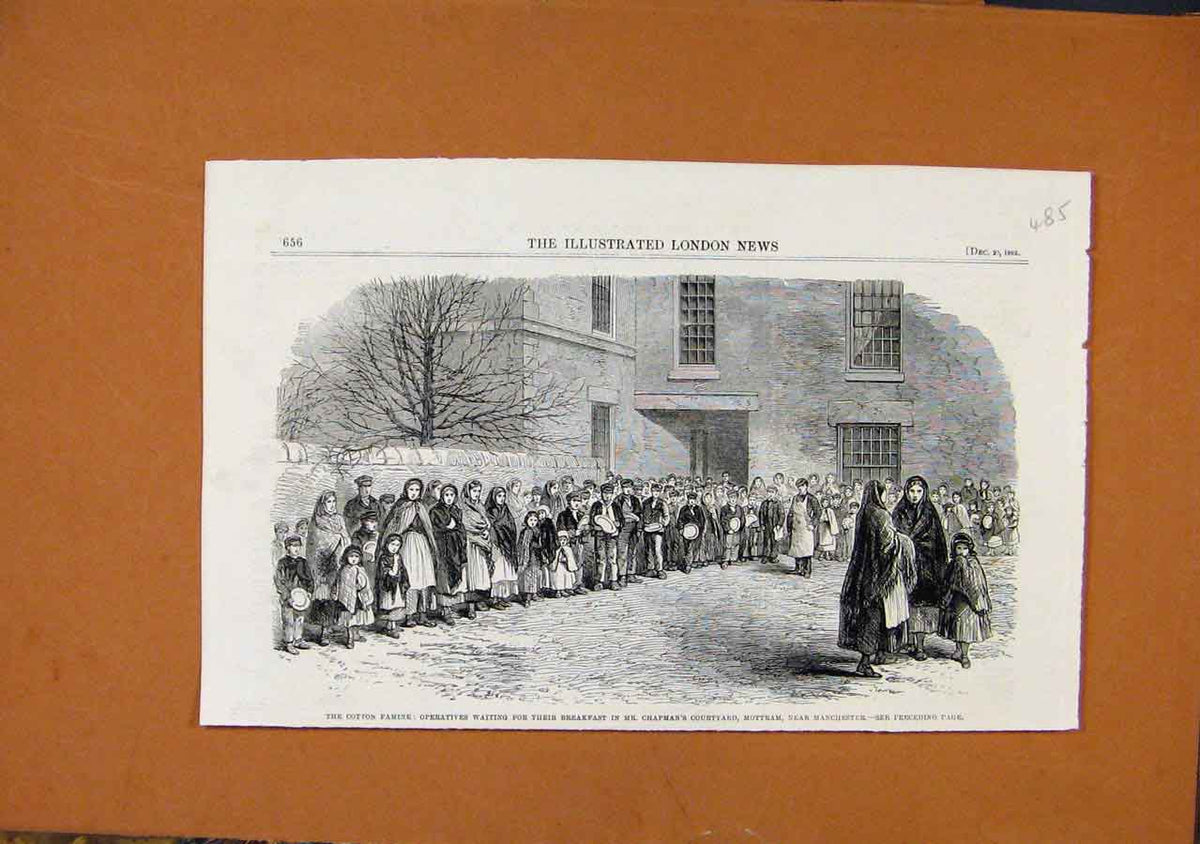 Original Old Antique Print Cotton Famine Chapmans Courtyard Manchester C1862