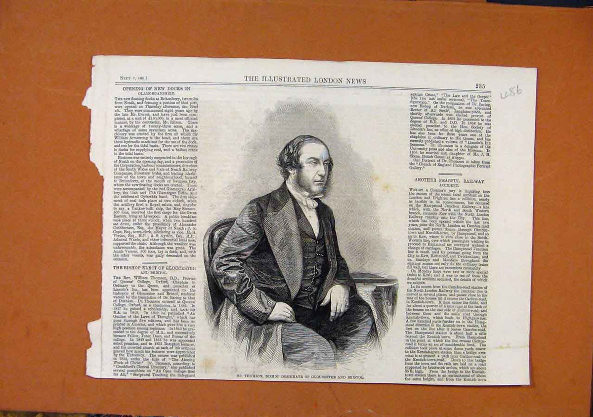 Original Old Antique Print Dr Thomson Bishop Gloucester Bristol C1881 Victorian