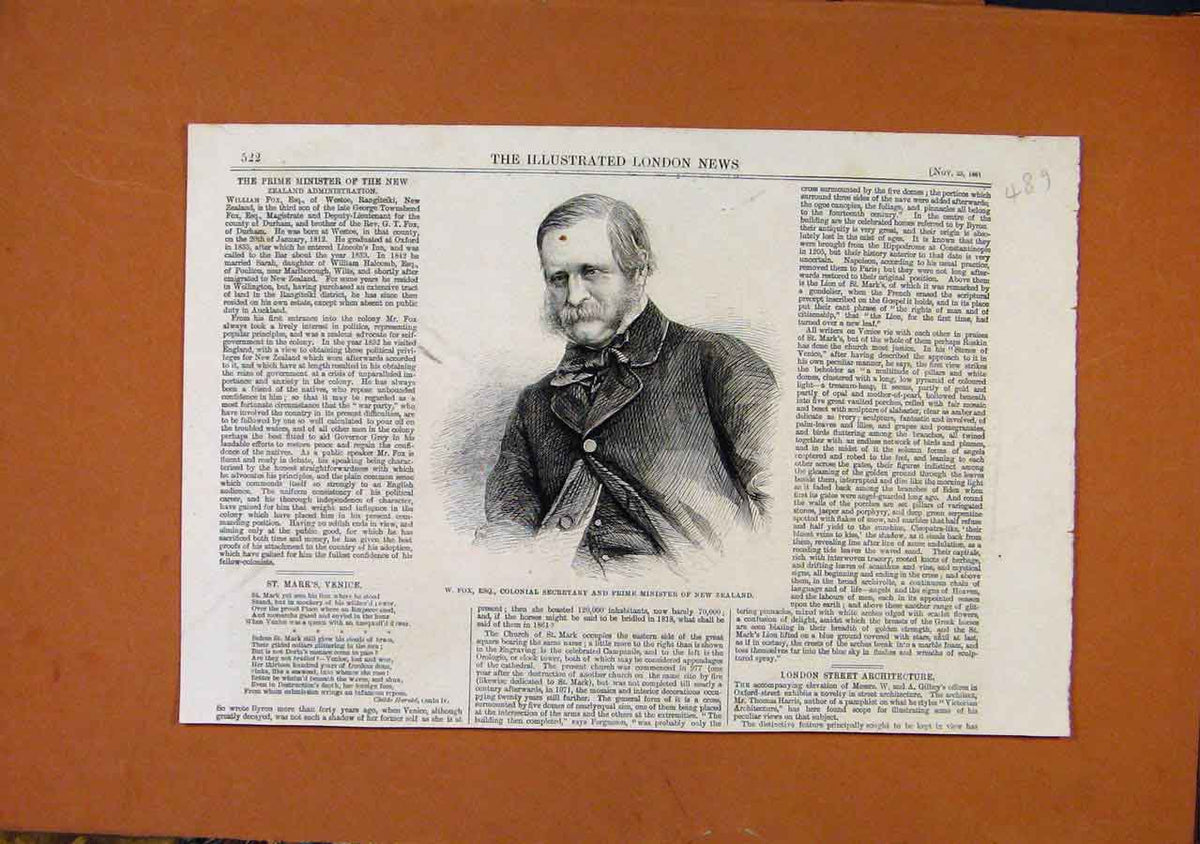 Original Old Antique Print Prime Minster New Zealander C1861 19th