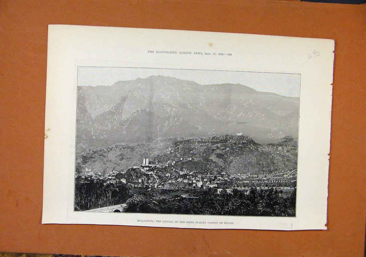 Original Old Antique Print Bellinzona Capital Swiss Inalian Canton Ticino C1890