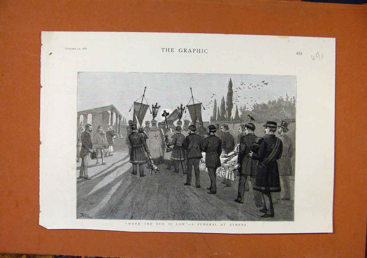 Original Old Antique Print When Sun Is Low Funeral Athens C1887 The Graphic 19th