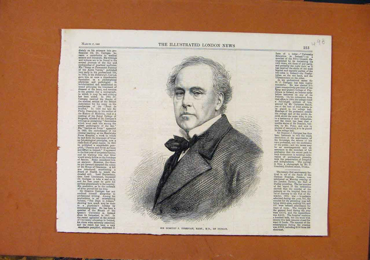 Original Old Antique Print Sir Dominic Corrigan Dublin C1866 19th
