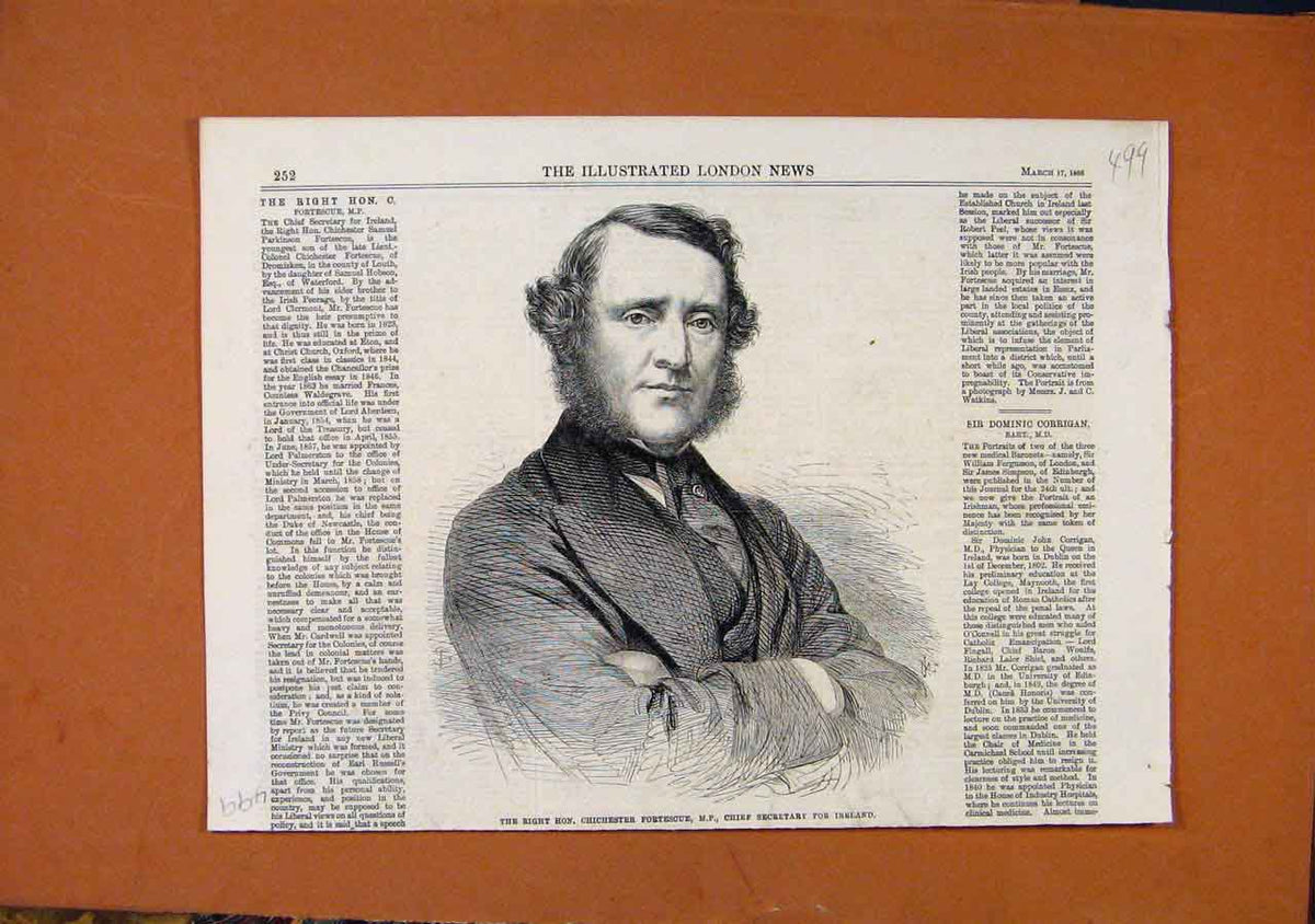 Original Old Antique Print Chichester Fortescue Ireland C1866 19th