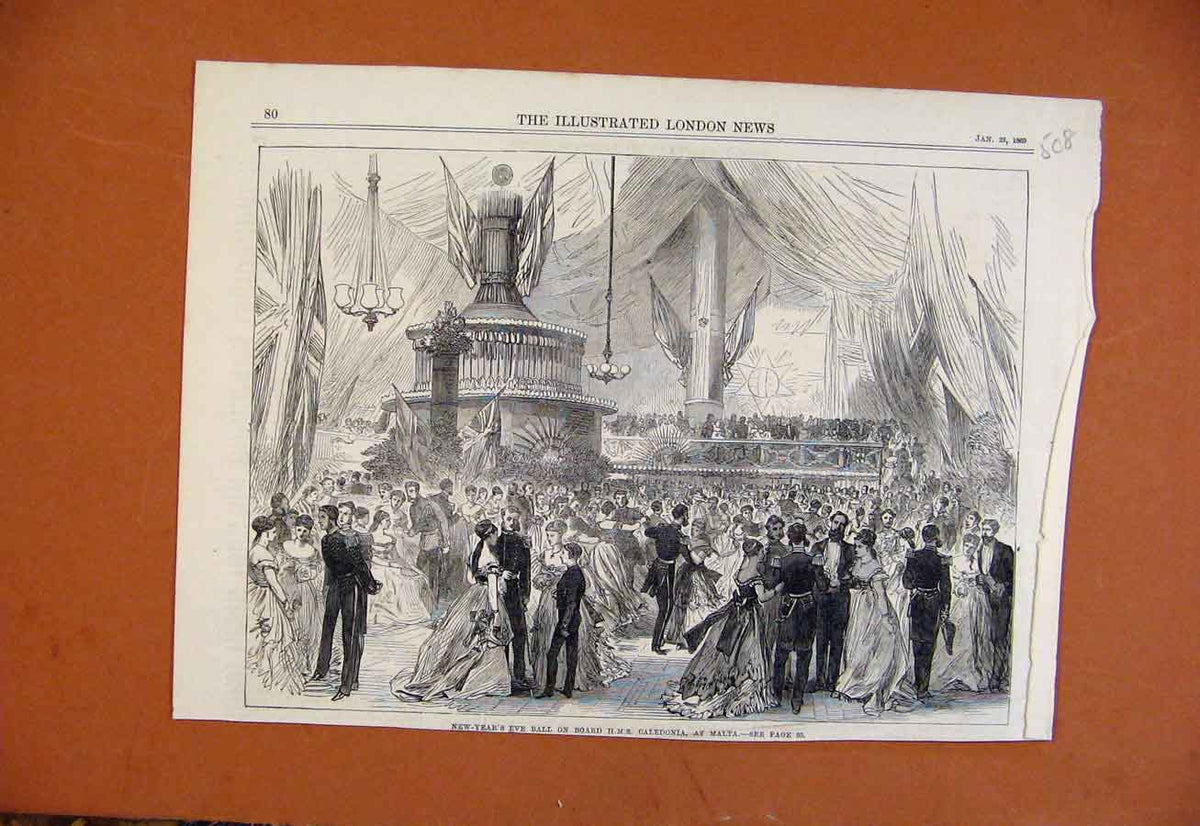 Original Old Antique Print New Years Eve Ball Board Hms Caledonia Malta C1869