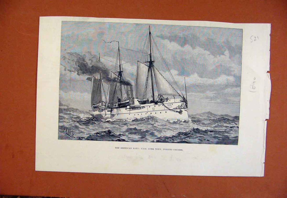 Original Old Antique Print C1890 American Navy Uss York Town Torpedo Cruiser