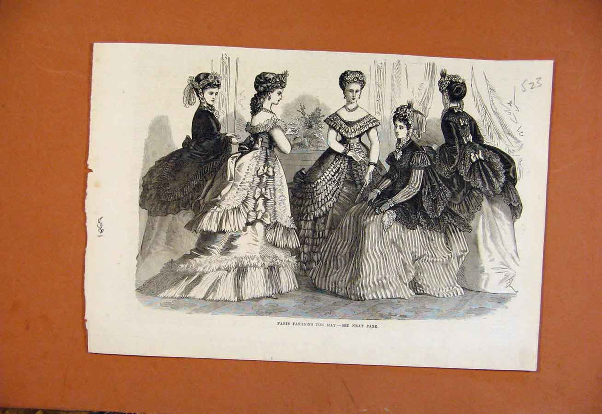 Original Old Antique Print Paris Fashion For May C1869 From London News 19th