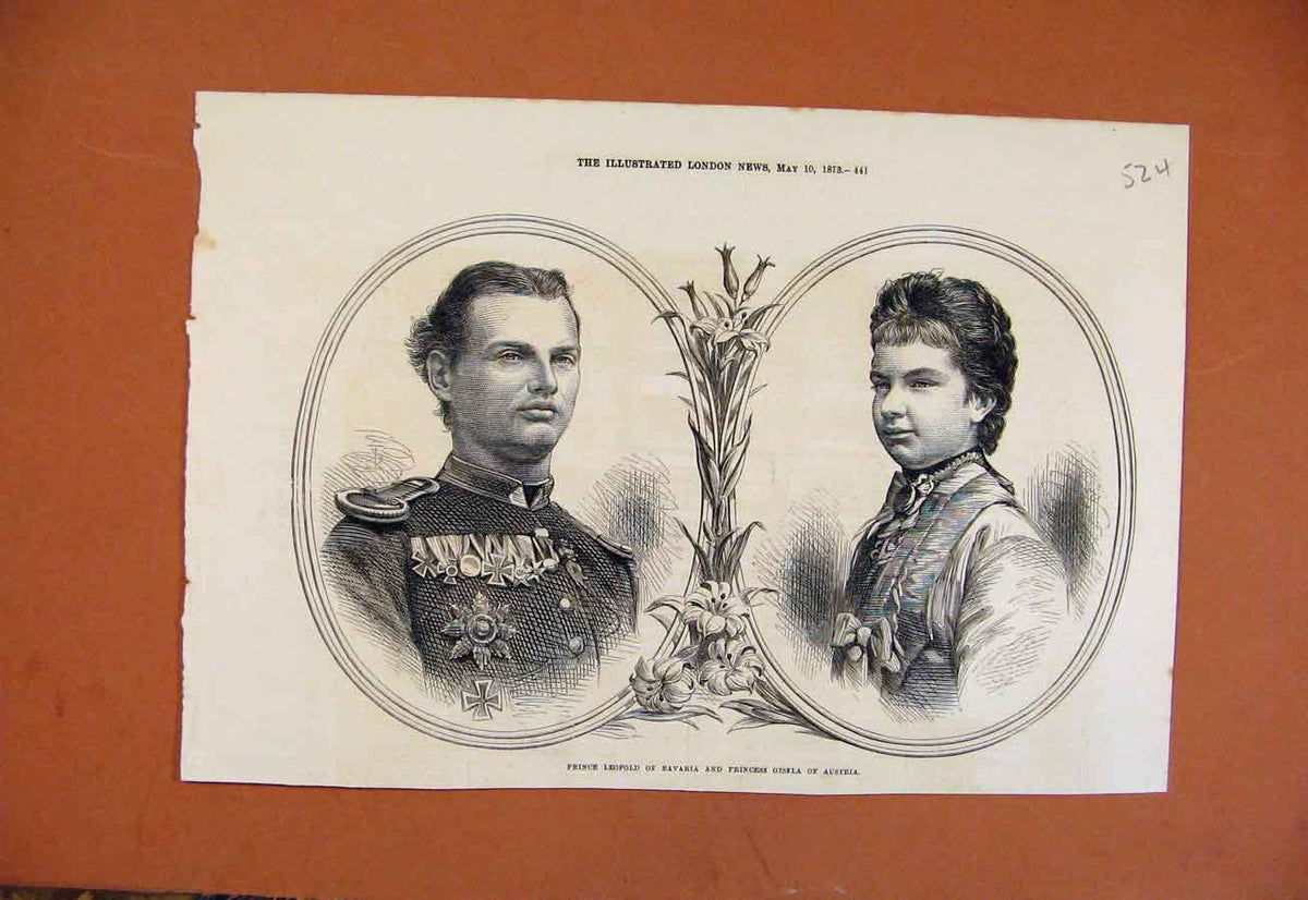 Original Old Antique Print Prince LeopBavaria Princess Cisela Austria C1873 19th