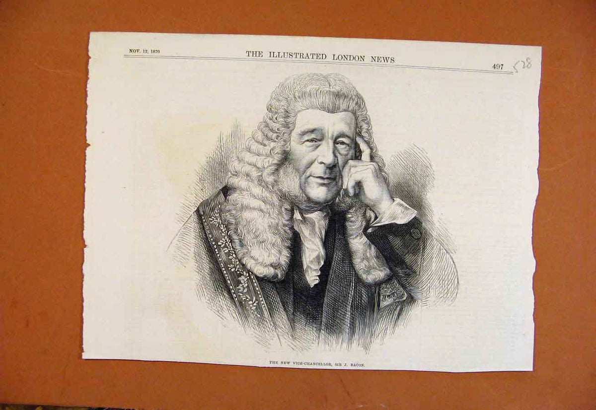 Original Old Antique Print C1870 New Vice Hancellor Sir Bacon From London News