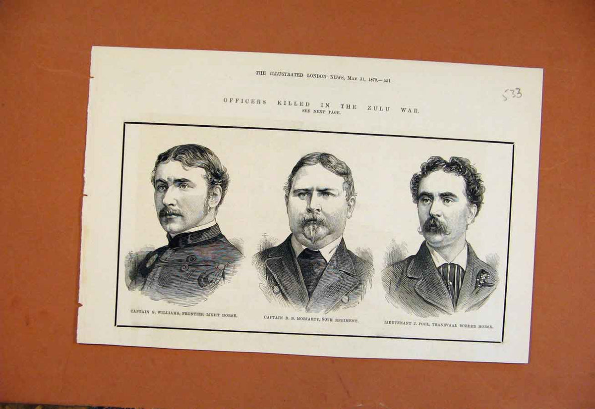 Original Old Antique Print Ficers Killed In Zilu War Williams Moriarty Pool 1879