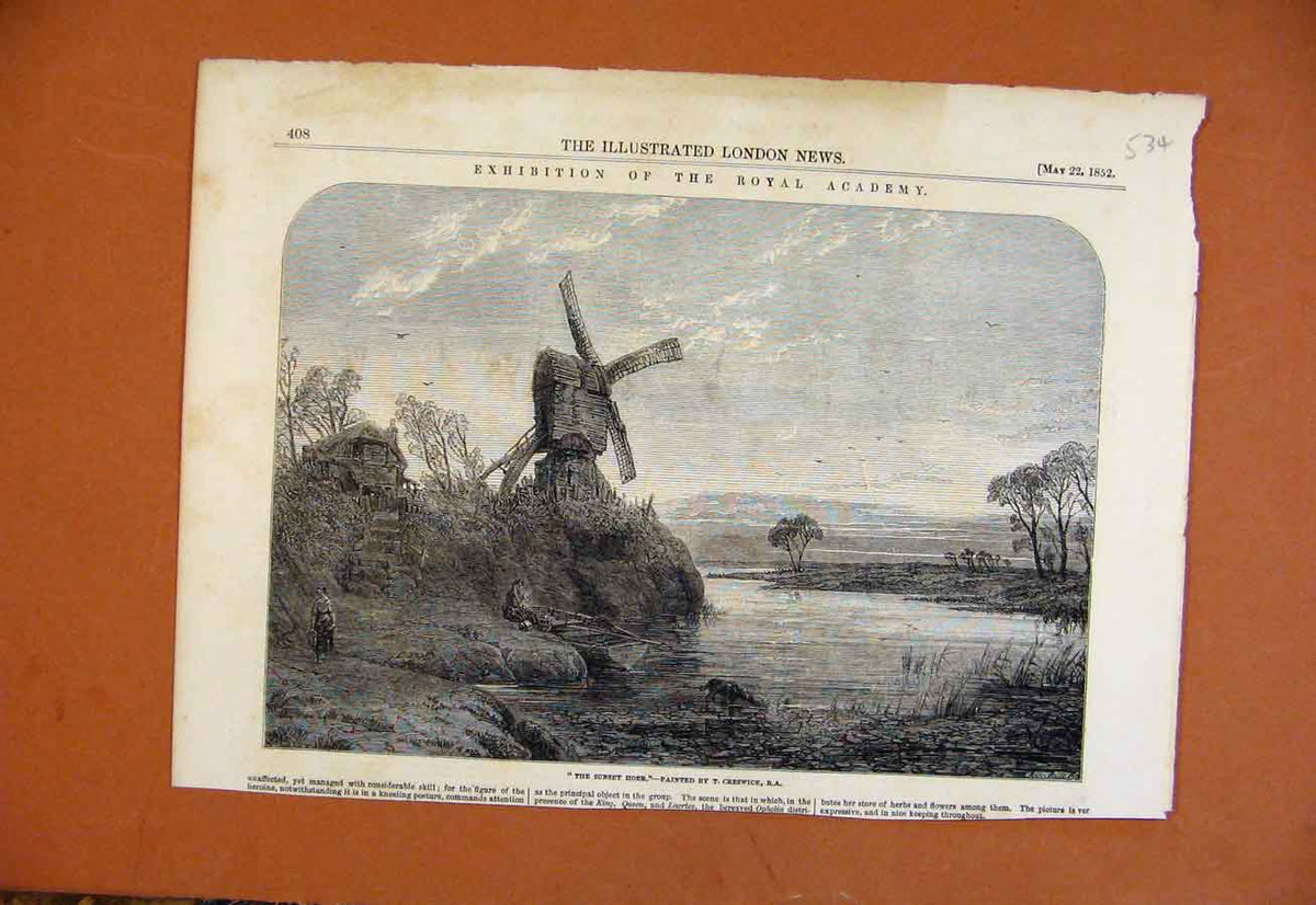 Original Old Antique Print Ehibition Royal Academy Sunset Hour C1852 Victorian