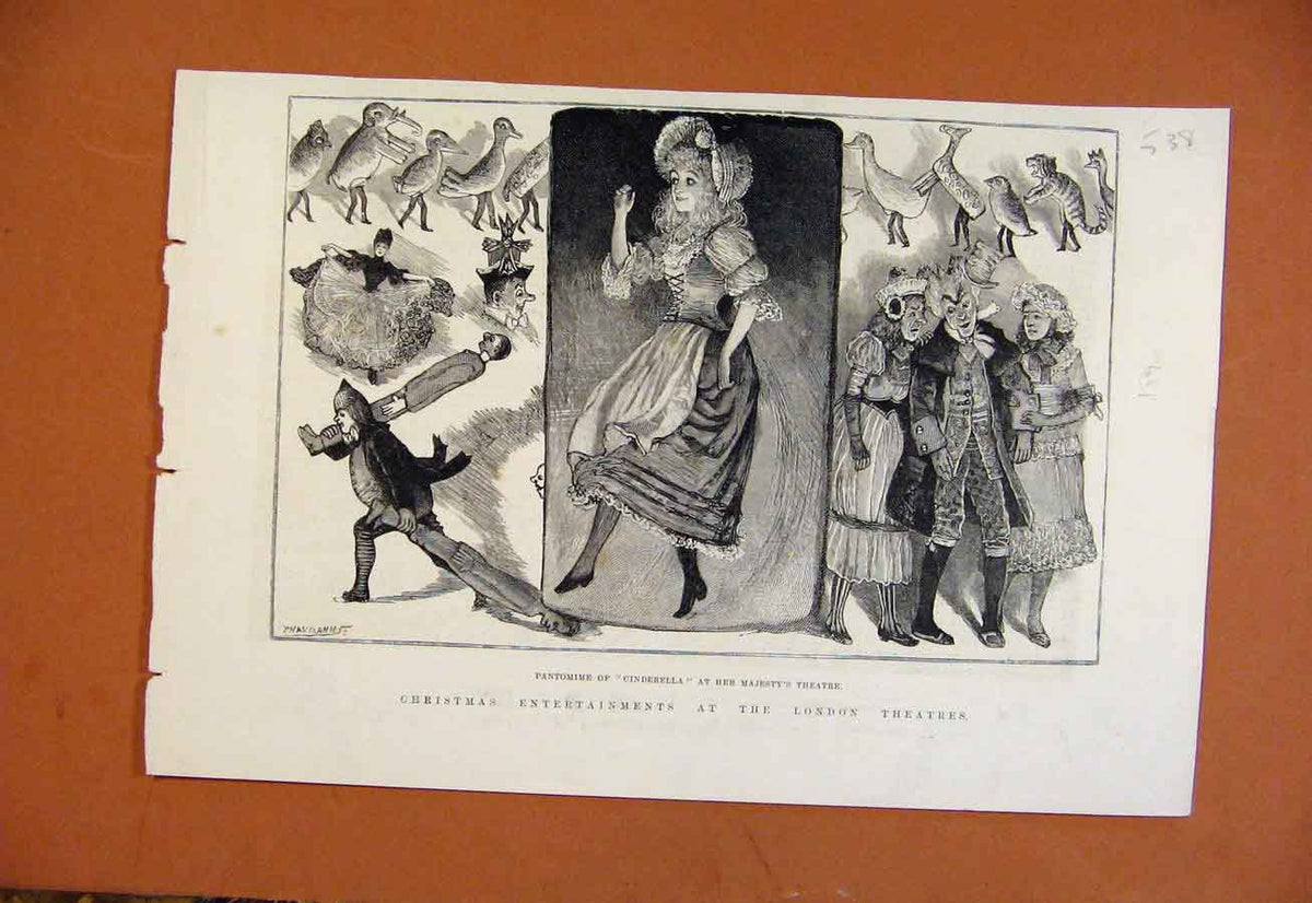 Original Old Antique Print Chirstmas Entertainment At London Theatre C1890 19th