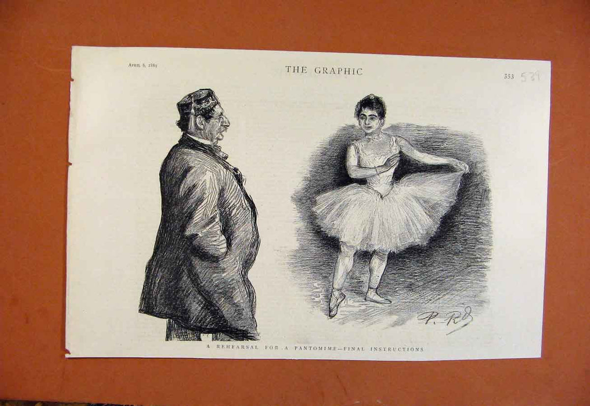 Original Old Antique Print Rehearsal Pantomime C1889 From London News Victorian
