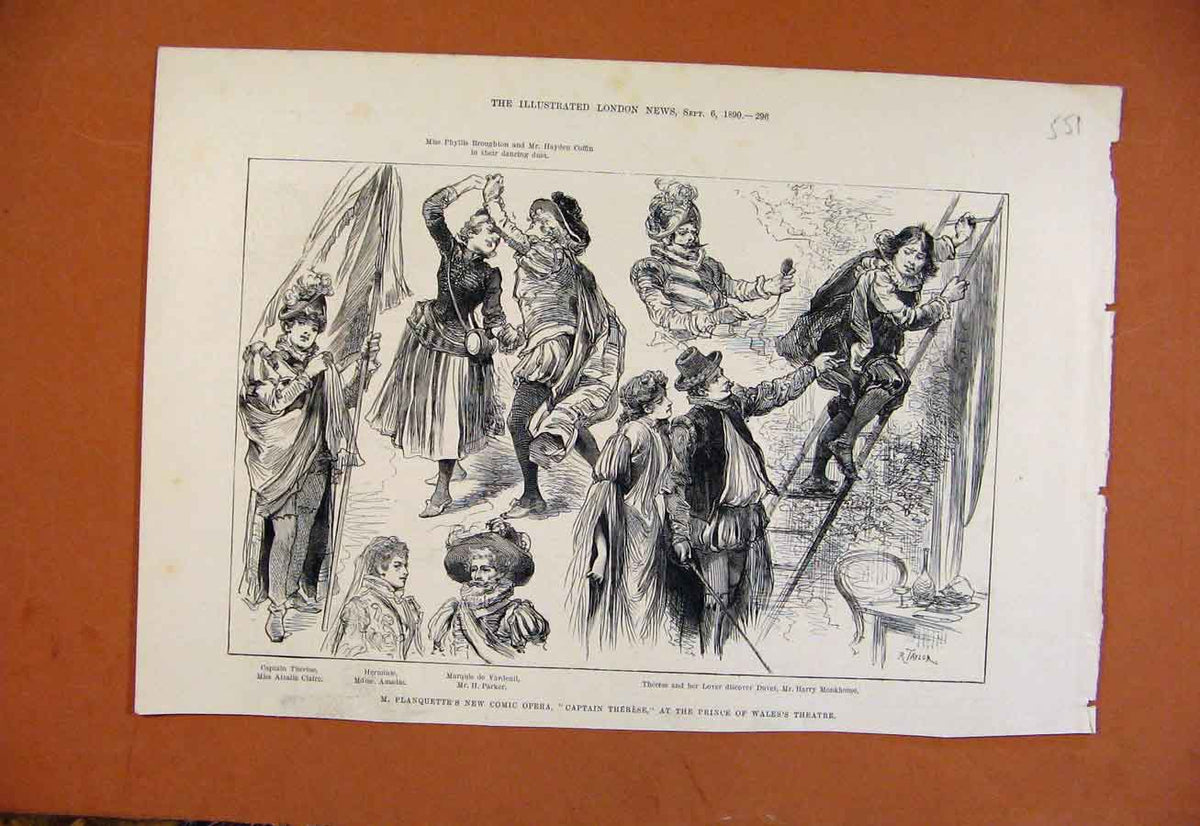 Original Old Antique Print New Comic Opera Captain Therese Prince Wales Theatre