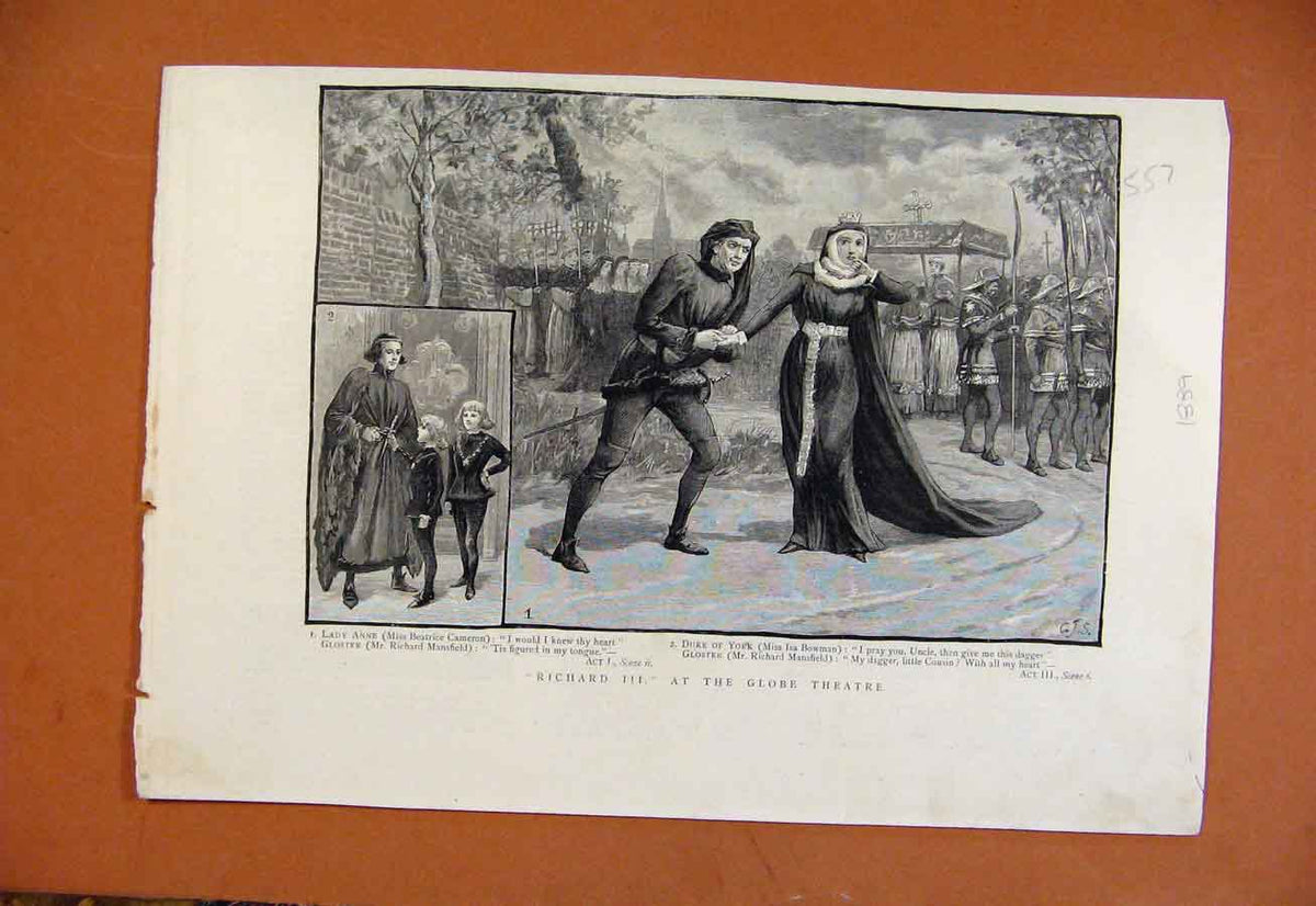 Original Old Antique Print C1839 Richard Three At Globe Theatre From London News