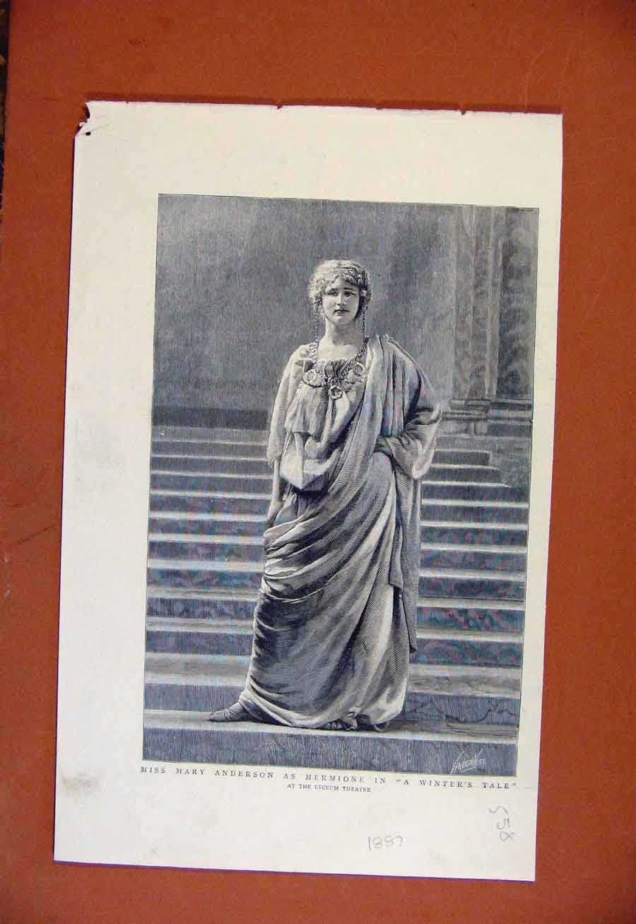 Original Old Antique Print Miss Mary Anderson Hermione Winters Tale Lyceum C1887