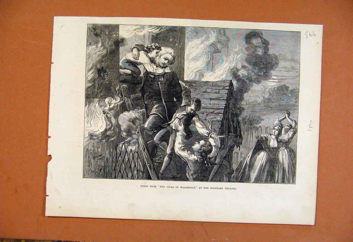 Original Old Antique Print Vicar Wakefield Standard Theatre C1870 19th