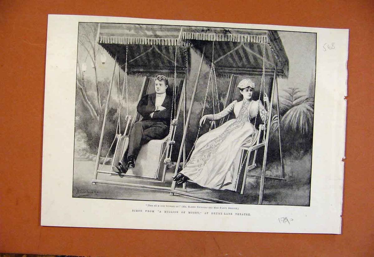 Original Old Antique Print Million Money Scene Drury Lane Theatre C1890 19th
