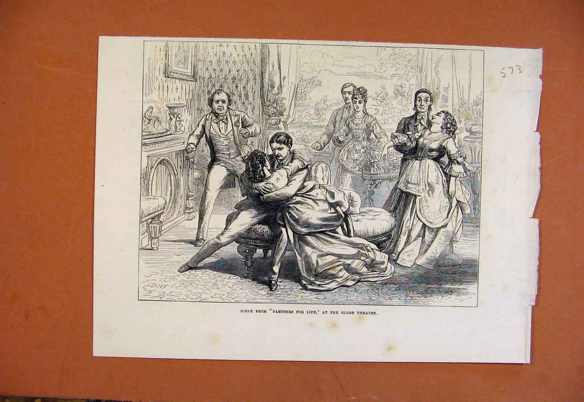 Original Old Antique Print Scene From Partners For Life At Globe Theatre