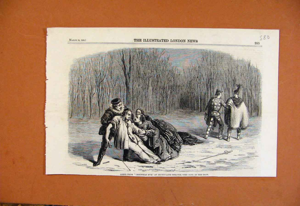 Original Old Antique Print Christmas Eve At Drury Lane Theatre C1860 Victorian