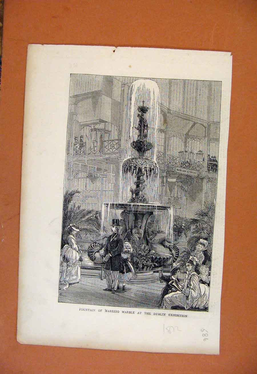 Original Old Antique Print Fountian Marezzo Marble Dublin Exhibition C1872 19th