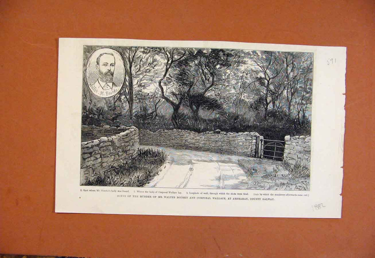Original Old Antique Print Scene Murder Walter Bourke Galway Ireland C1882 19th