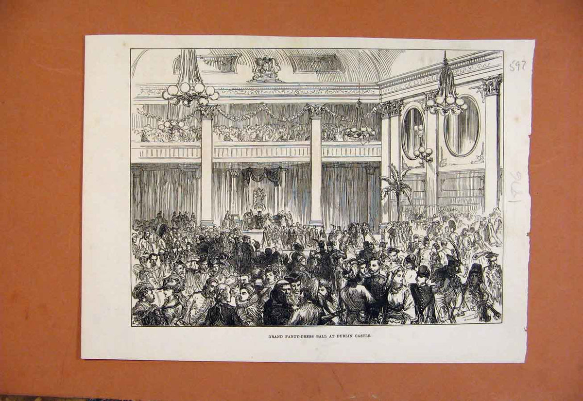 Original Old Antique Print Grand Fancey Dress Ball Dublin Castle C1876 Victorian