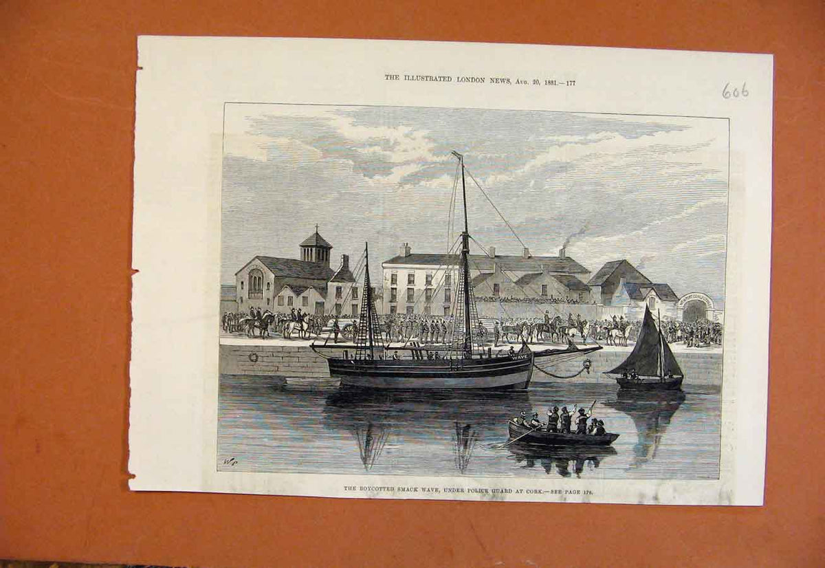 Original Old Antique Print Boycotted Smack Wave Police Guard Corck C1881 19th