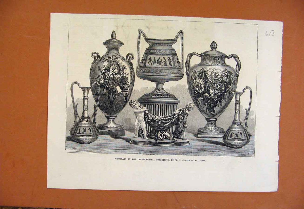 Original Old Antique Print Porcelain International Exhibition From London News