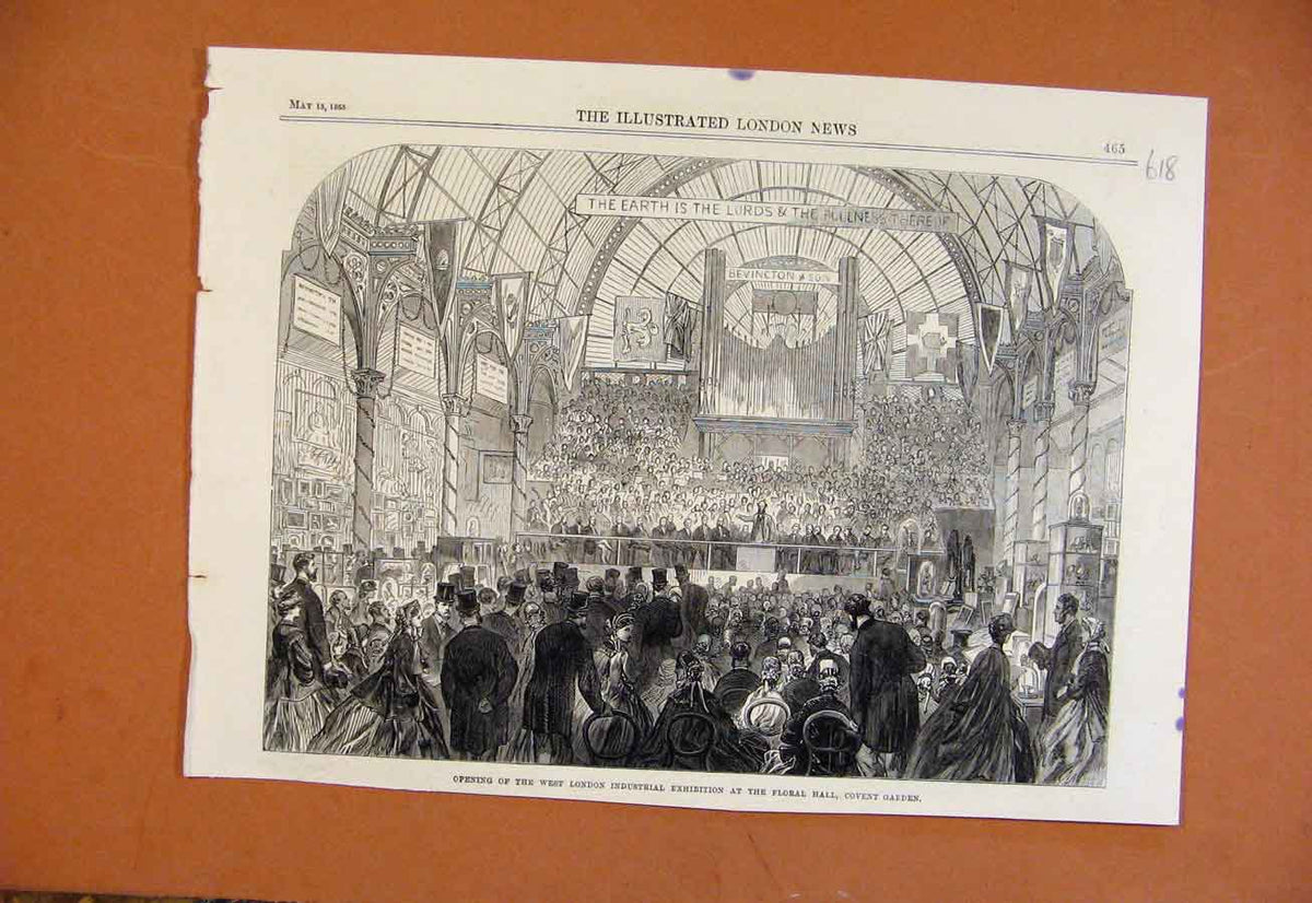 Original Old Antique Print West London Industrial Exhibition Floral Hall C1865