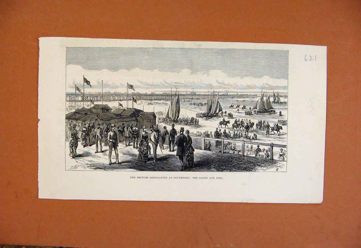 Original Old Antique Print British Association South Pot Sands Pier C1883 19th