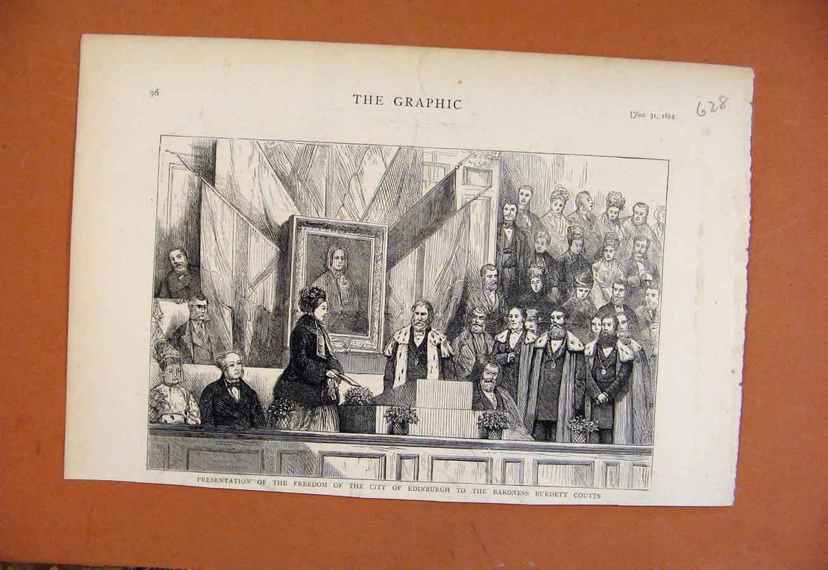 Original Old Antique Print Presentation Freedom City Edinburgh Baroness C1874