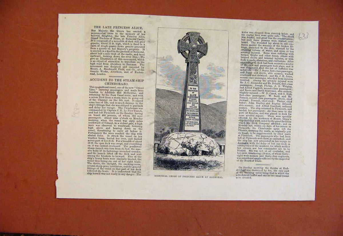 Original Old Antique Print Memorial Corss Princess Alice Balmoral C1880 19th