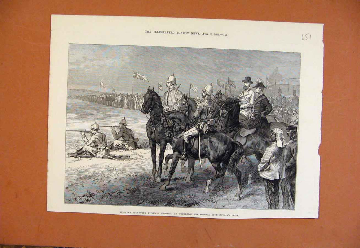 Original Old Antique Print Mounted Volunteer Rilemen Shoot Wimbledon C1873 19th