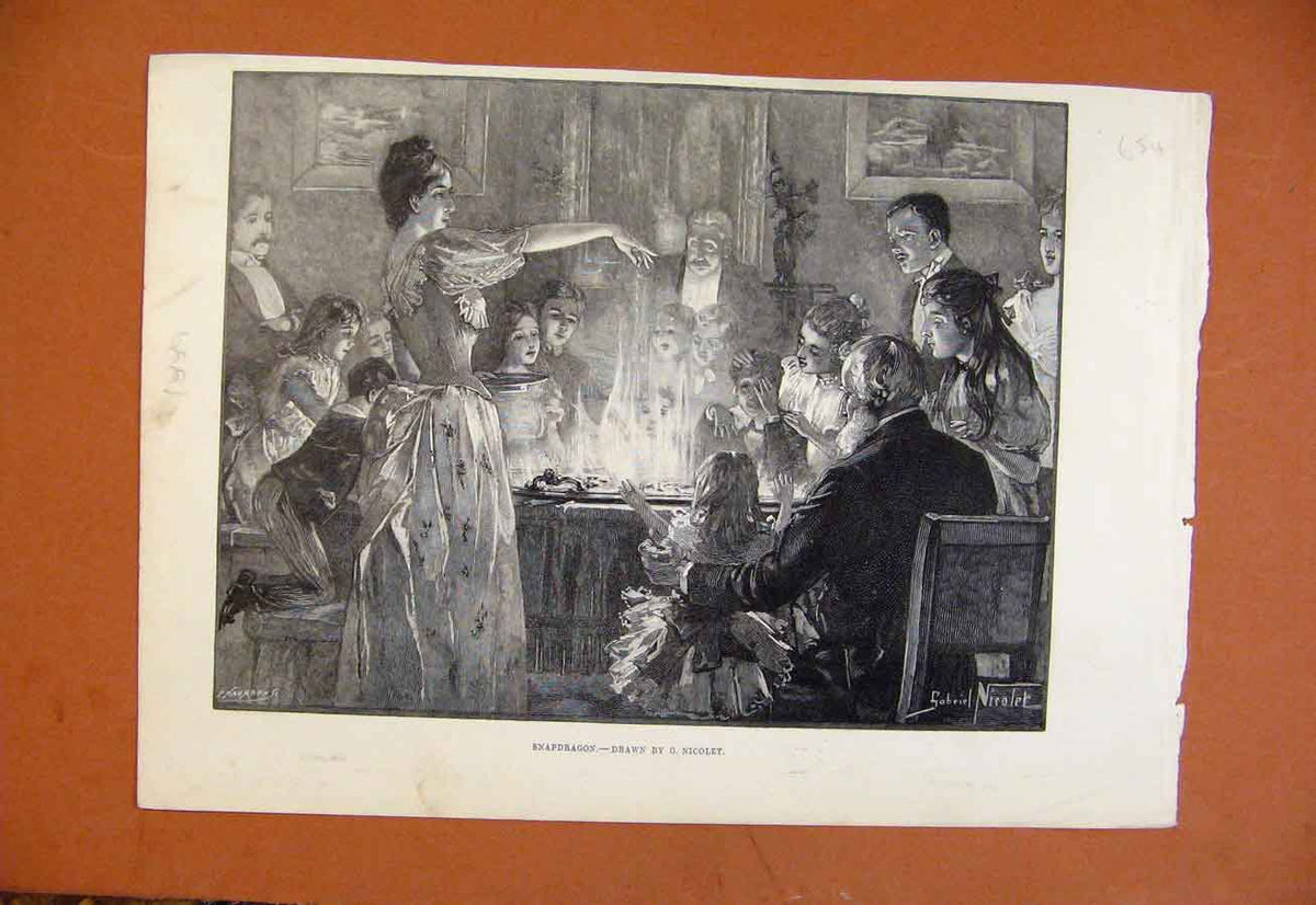 Original Old Antique Print Snapdragon By Nicolet C1889 From London News 19th