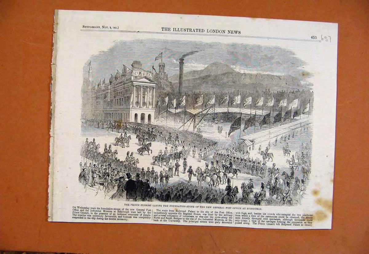 Old Antique Print Prince Consort Laying Foundation For Post Office C1861 19th
