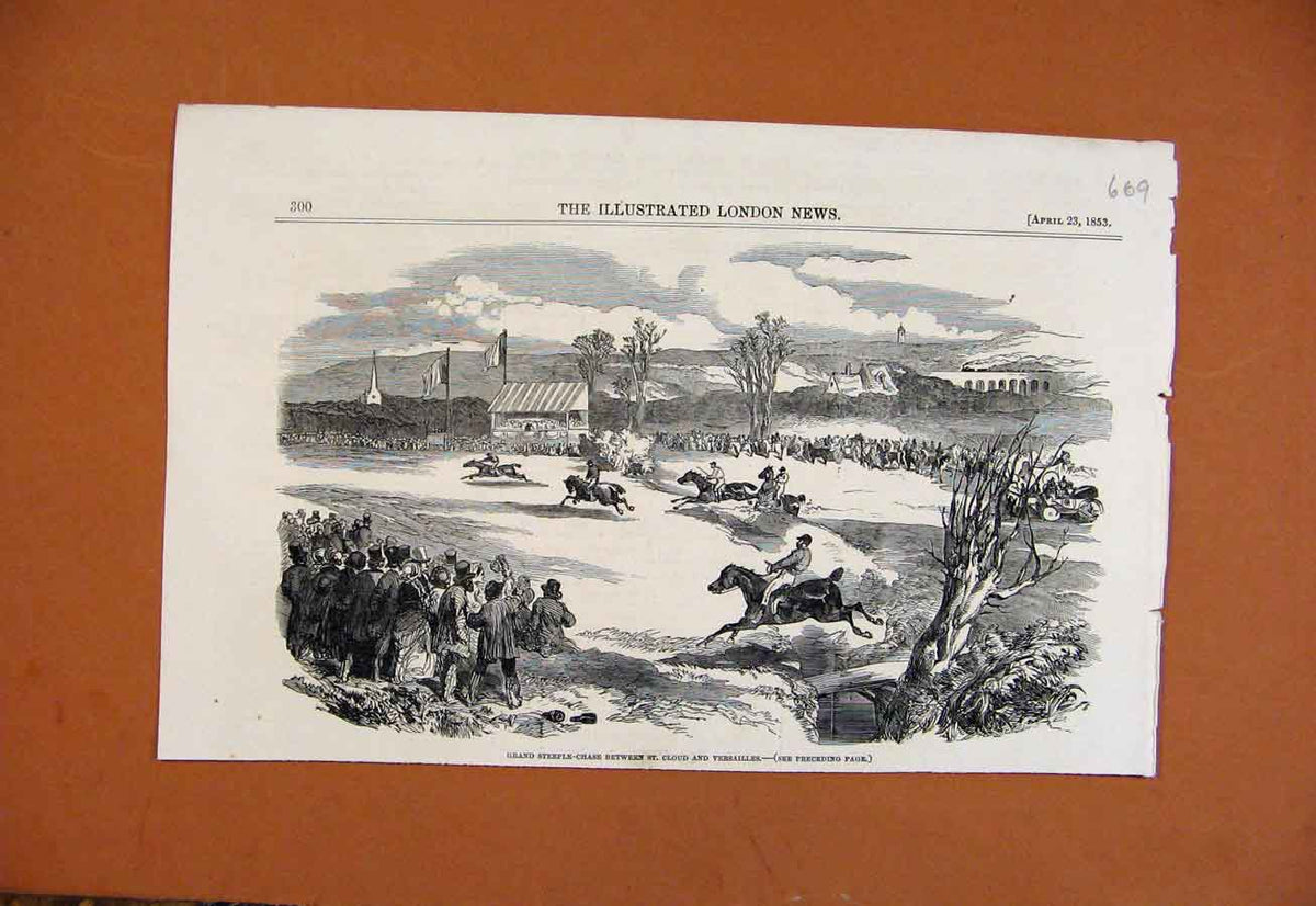 Original Old Antique Print Grand Steeple Chase St Cloud Versalilles C1853 19th