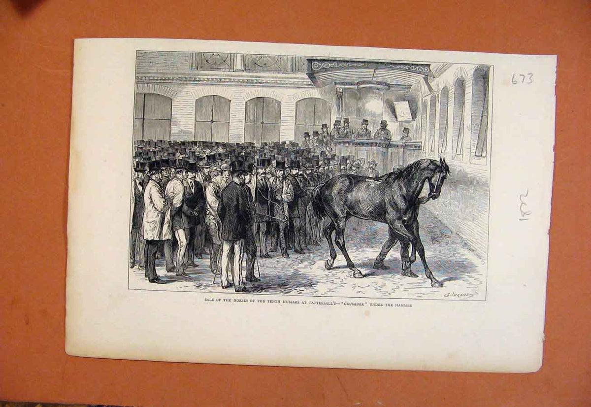 Original Old Antique Print C1872 Sale Horses Tenth Hussars Tattersalls Victorian